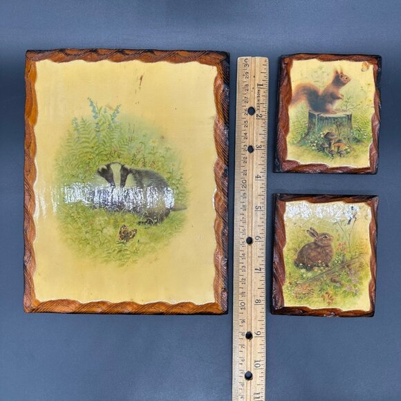 Vintage Wall Hanging Wood Plaques Animal 1970s Pictures Rabbit Squirrel Badger - Picture 10 of 10